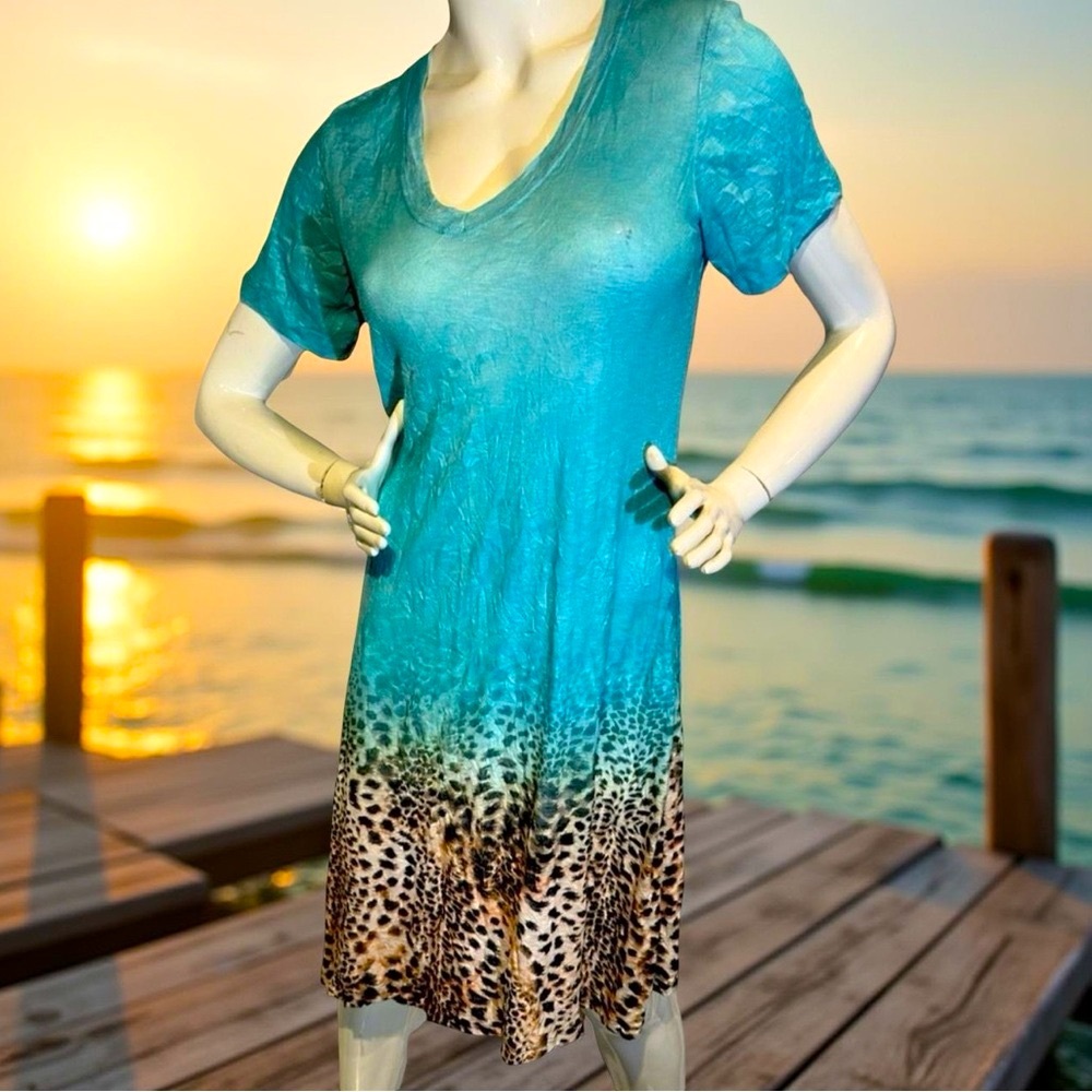 David Cline Dress Blues Leopard Short Sleeves V Neck Lightweight Size L